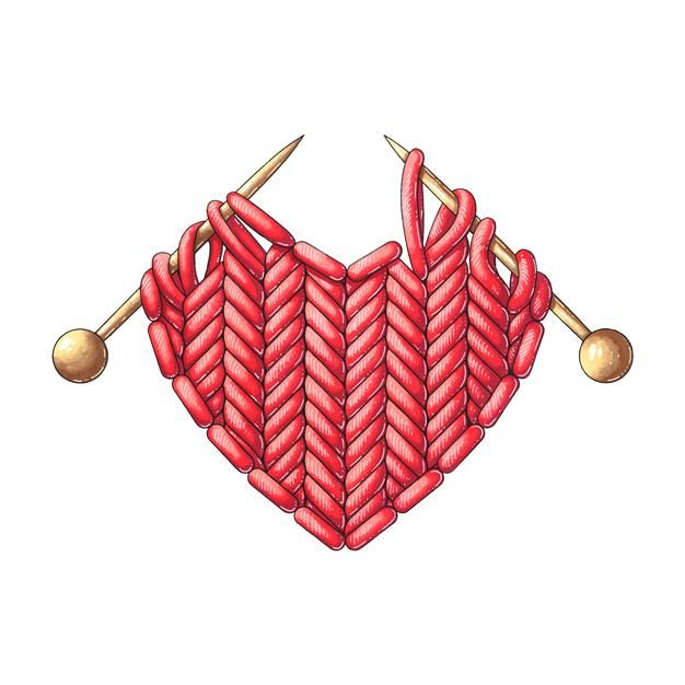 two crossed knitting needles in the shape of a heart with red yarn and gold pins