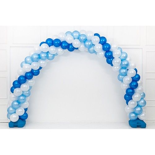 a blue and white balloon arch with balloons