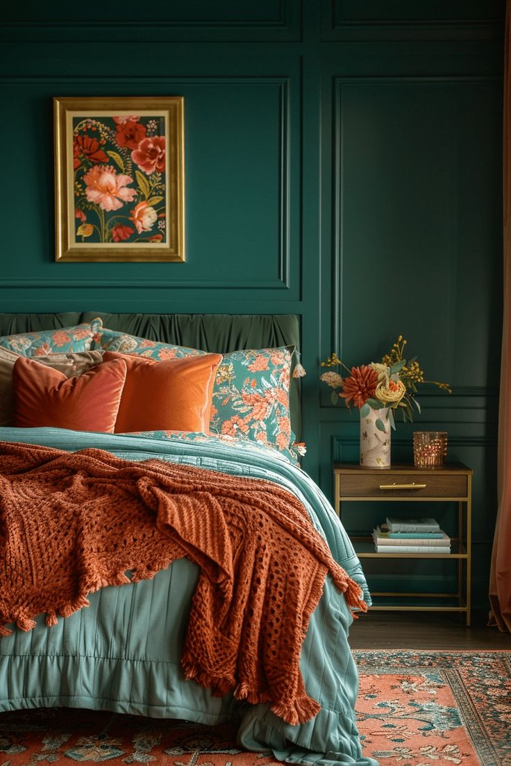 a bedroom with teal walls and an orange blanket on top of the headboard