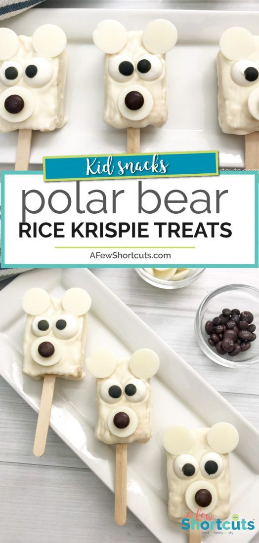 polar bear rice krispie treats on a plate with chocolate chips and marshmallows