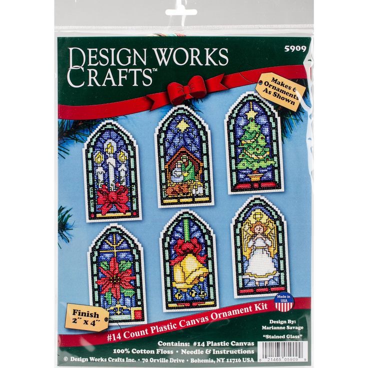 a package of cross stitch kits for christmas decorations, including stained glass windows and bows