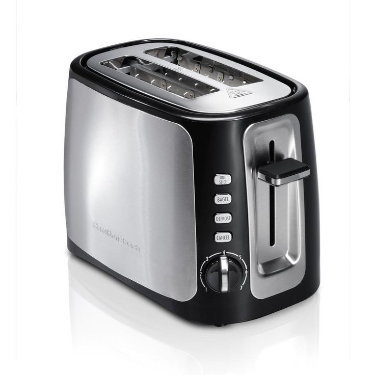 a black and silver toaster sitting on top of a white table