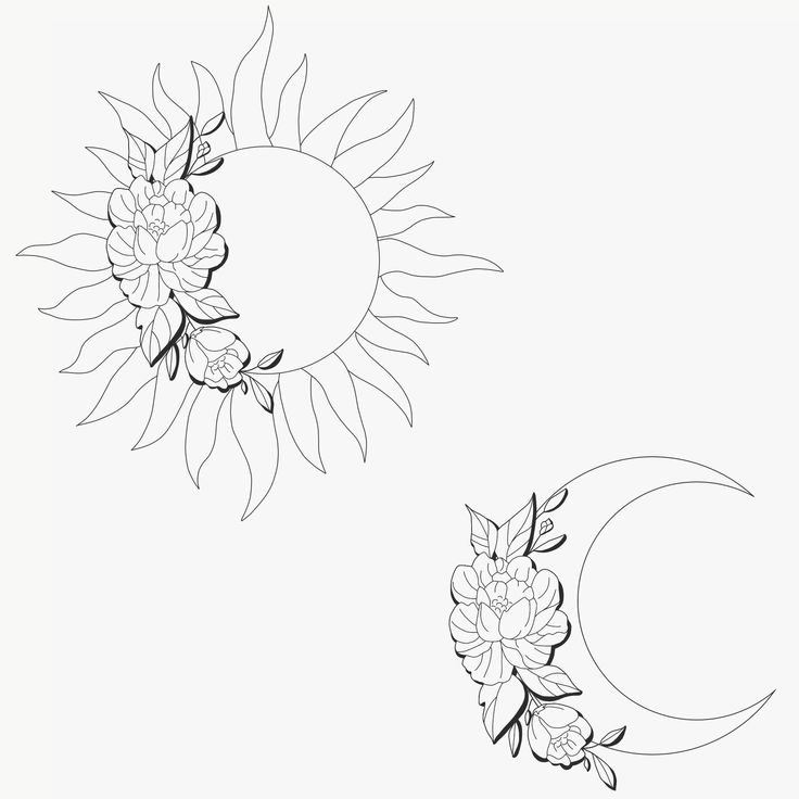 two sunflowers and the moon are drawn in black ink on a white background