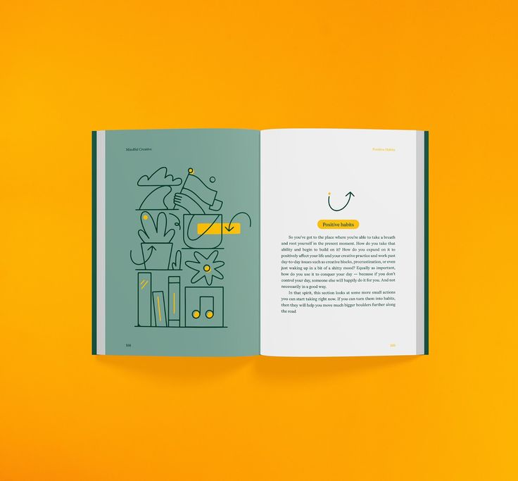 an open book on yellow background with graphic design