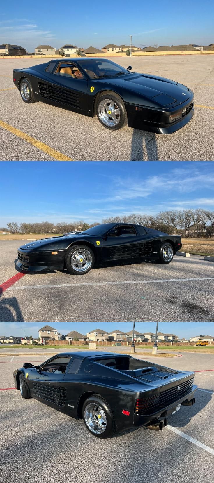 three different views of a black car parked in a parking lot next to each other