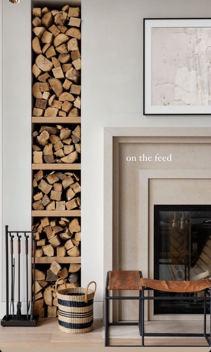 a fireplace with logs stacked on top of it