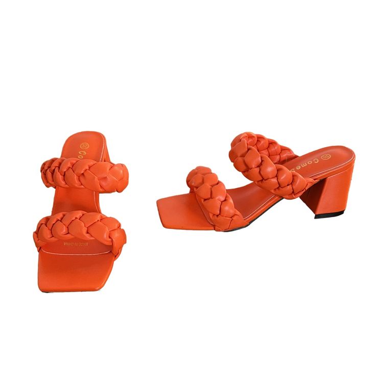 Never Worn Orange Closed Toe Mules For Summer, Summer Orange Closed Toe Mules, Orange Synthetic Heels For Summer, Spring Orange Synthetic Mules, Orange Sandals With Padded Heel For Spring, Orange Synthetic Flat Heel Sandals, Orange Synthetic Summer Sandals, Orange Open Toe Synthetic Mules, Orange Synthetic Heels For The Beach