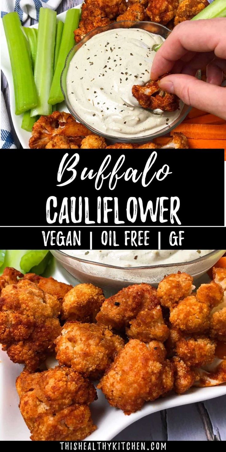 buffalo cauliflower vegan oil free appetizer with ranch dip and celery