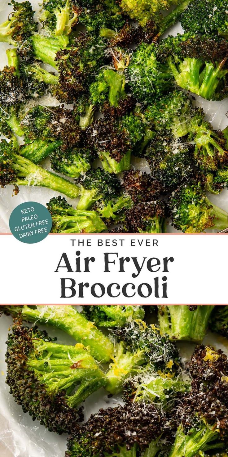 the best ever air fryer broccoli on a white plate with text overlay