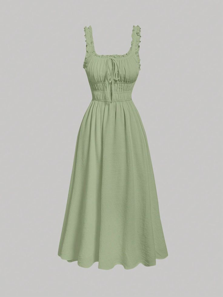 Solid Frill Trim Tie Front Dress Lime Green Casual  Sleeveless Woven Fabric Plain A Line Non-Stretch  Women Clothing, size features are:Bust: ,Length: ,Sleeve Length: Vestidos Country, Light Green Dress, Ladylike Style, Banquet Dresses, Cute Dress Outfits, Country Dresses, Tie Front Dress, Short Bridesmaid Dresses, Comfy Dresses