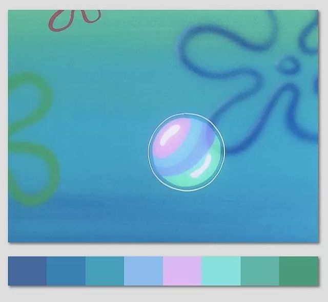 an image of a blue and green background with a bubble in the center, surrounded by other color swatches