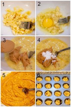 the steps to making cupcakes are shown in four different pictures, including batter and eggs