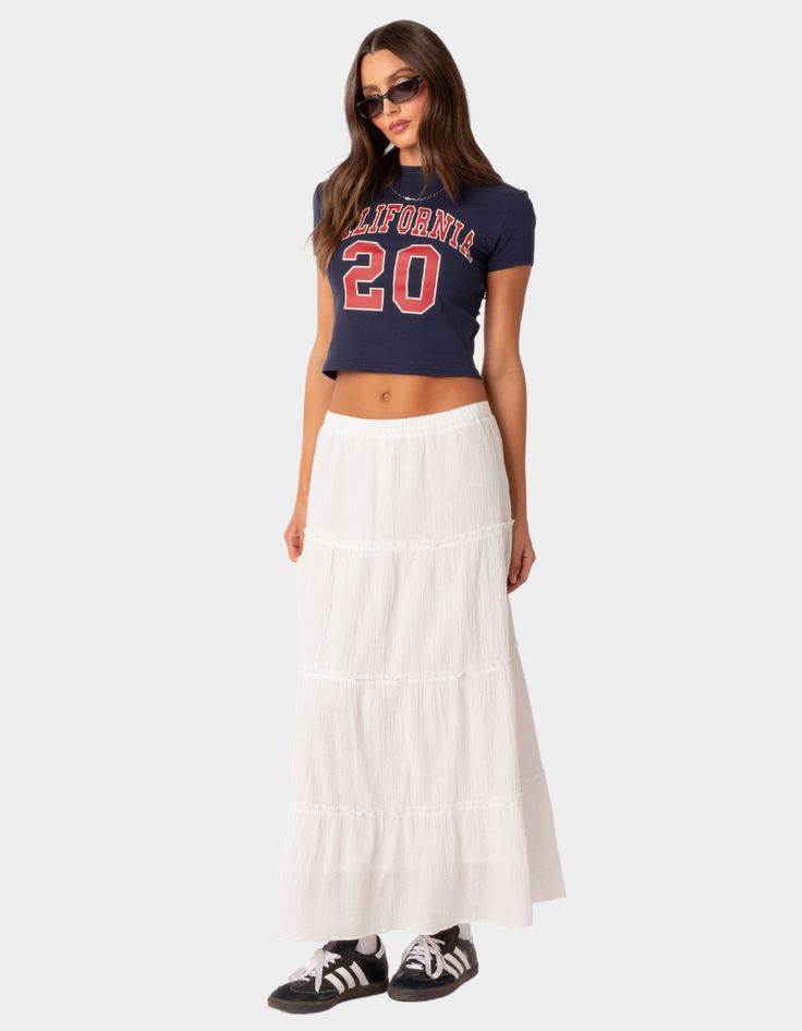 White Flowy Skirt, White Skirt Summer, Long Silk Skirt, Simple Maxi, Low Rise Skirt, Skirt Tiered, White Long Skirt, White Maxi Skirts, Cute Crop Top