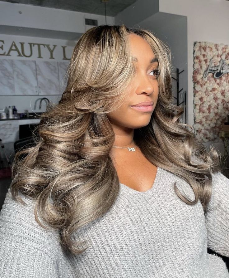 Blonde Hair Highlights Black Women, Ash Blonde Silk Press, Blonde Highlights On Wig, Ash Blonde Sew In, Brown And Ash Blonde Hair, Ashy Blonde Hair Black Women, Ash Blonde Hair On Black Women, Ash Brown Hair Black Women, Ash Blonde On Dark Skin Black Women