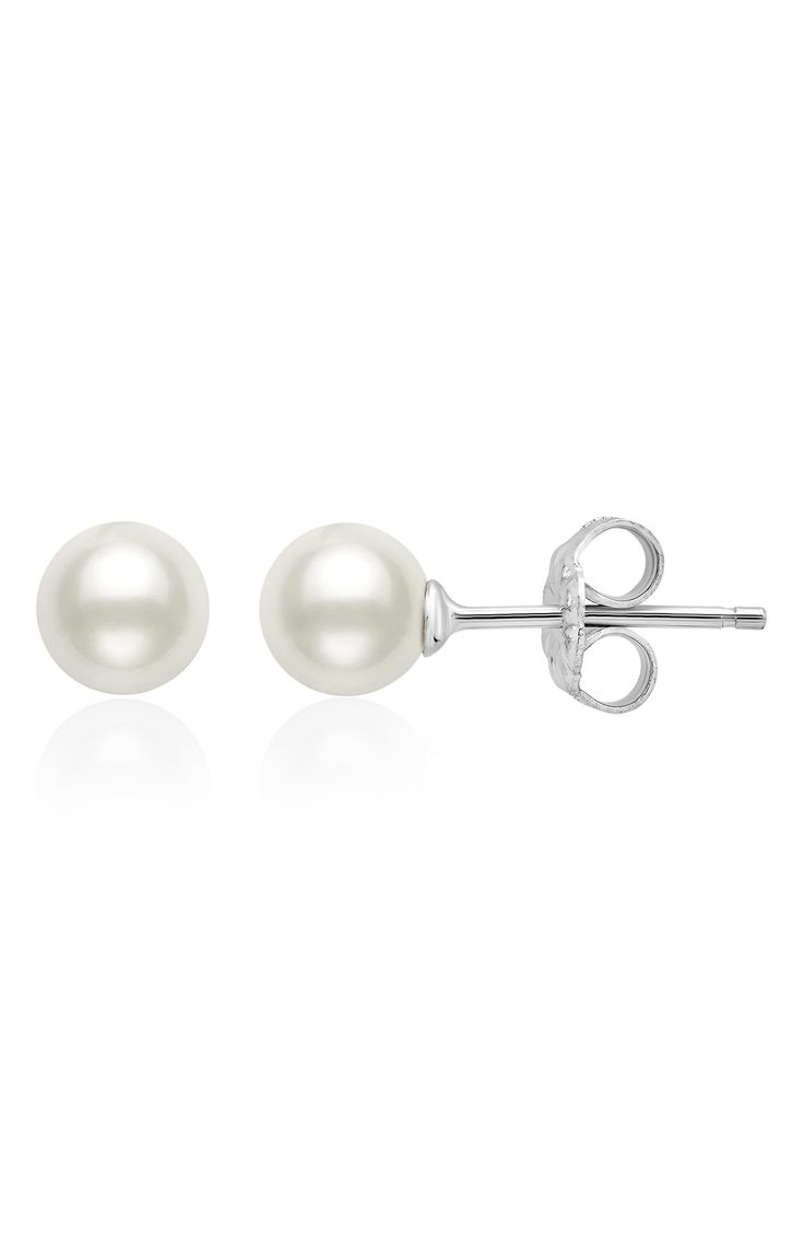 Cultured pearls make for timeless stud earrings that always brighten your look. 1/4" diameter Pearl size: 5–5.5mm Hypoallergenic Cultured pearl/sterling silver Imported Classic White Gold Hypoallergenic Pearl Earrings, Classic Hypoallergenic White Gold Pearl Earrings, White Sterling Silver Pearl Earrings, Timeless White Pearl Earrings In Sterling Silver, Classic Pearl White Pearl Earrings With Round Beads, Classic Sterling Silver Pearl Earrings For Anniversary, Classic Round Pearl Earrings For Anniversary, Classic Pearl Earrings For Anniversary, Classic Hypoallergenic Pearl White Pearl Earrings