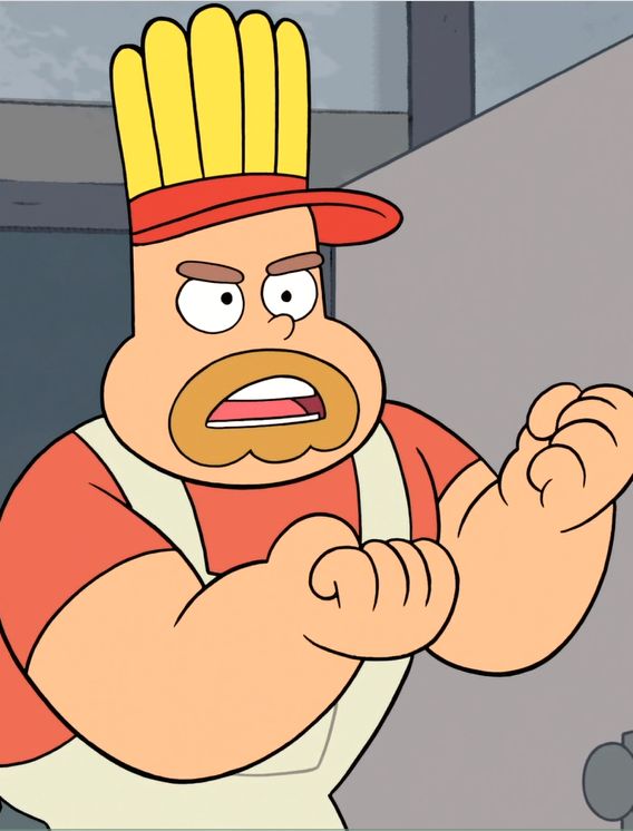 a cartoon character wearing a chef's hat and holding his hand out in front of him