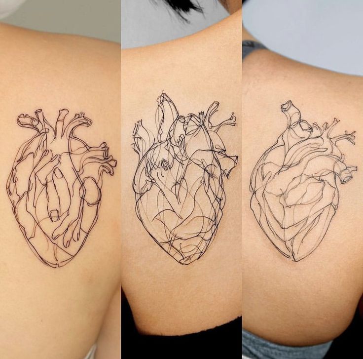 three different views of the back of a woman's shoulder with tattoos on it