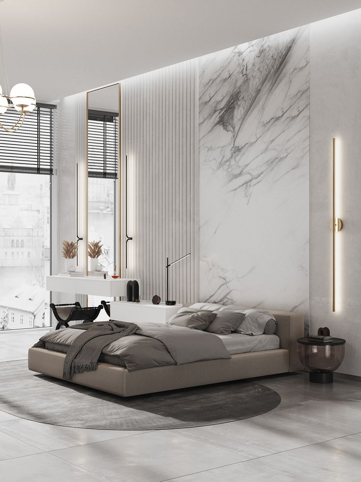 a modern bedroom with marble walls and flooring