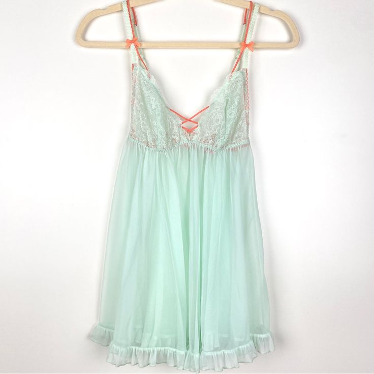 Victoria’s Secret Pleated Baby Doll Size: S P . Unlined Lace Cups Pleated Chiffon Bodice Empire Waist With Lace-Up Detail Adjustable Straps Never Worn. In Perfect Like New Condition. No Flaws. . All Reasonable Offers Considered. Fast Shipper! Bundle 2 Or More Items For 15% Off! Lace Sleepwear For Summer Sleepovers, Summer Lace Sleepwear For Sleepover, Delicate Lace Sleepwear For Spring Bedtime, Delicate Lace Sleepwear For Spring, Sheer Coquette Sleepwear For Summer, Sheer Sleeveless Green Sleepwear, Green Sheer Sleeveless Sleepwear, Green Sheer Sleepwear, Spring Sheer Sleepwear For Pajama Party