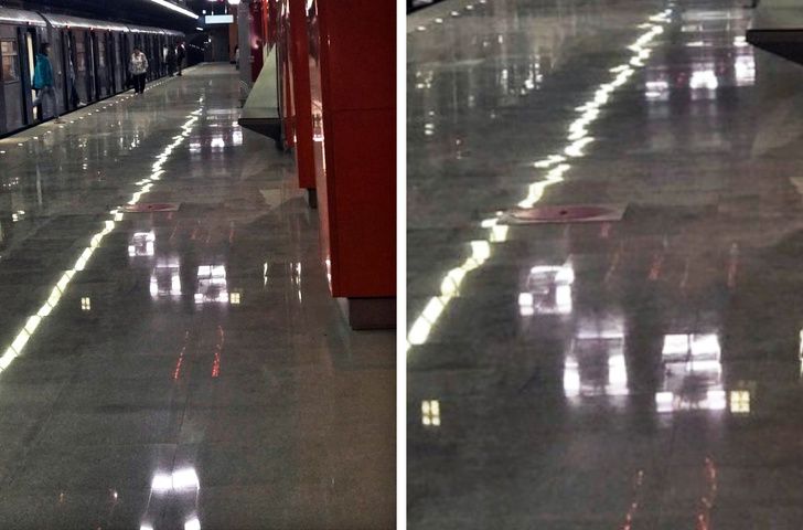 two pictures side by side of a subway station with the lights on and no people in it