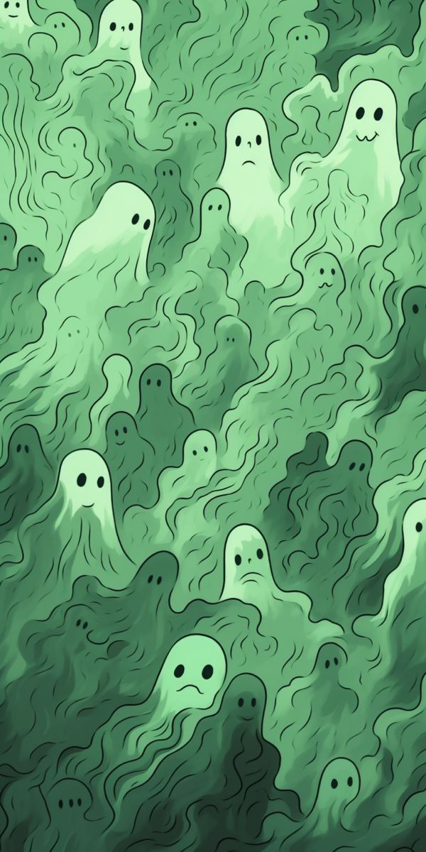 an abstract painting with green and black swirls on the bottom, while two white ghost faces appear to be floating in the air