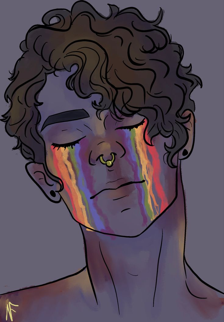 a drawing of a man with curly hair and rainbow stripes on his face