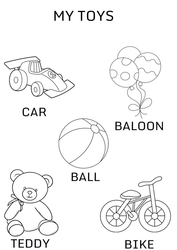 a coloring page with different toys and words