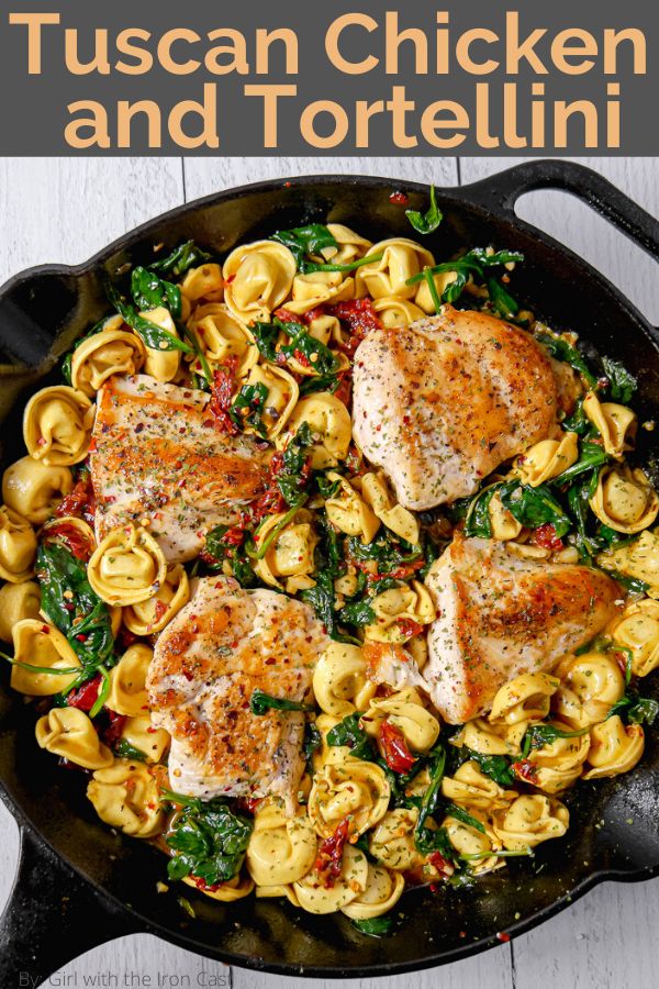 chicken with tortellini and spinach in a skillet