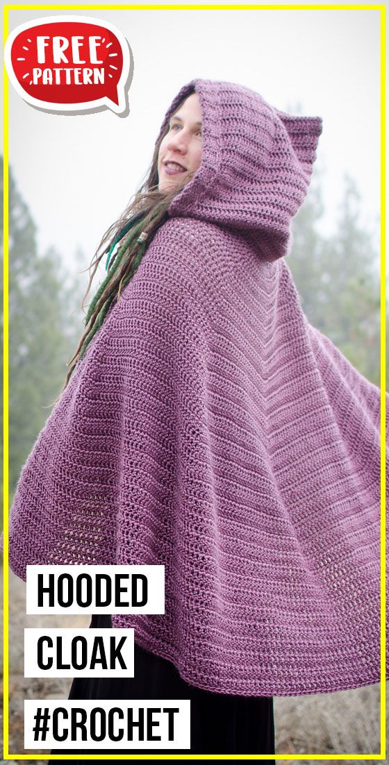 a woman wearing a purple hooded cloak with the words crochet written below it