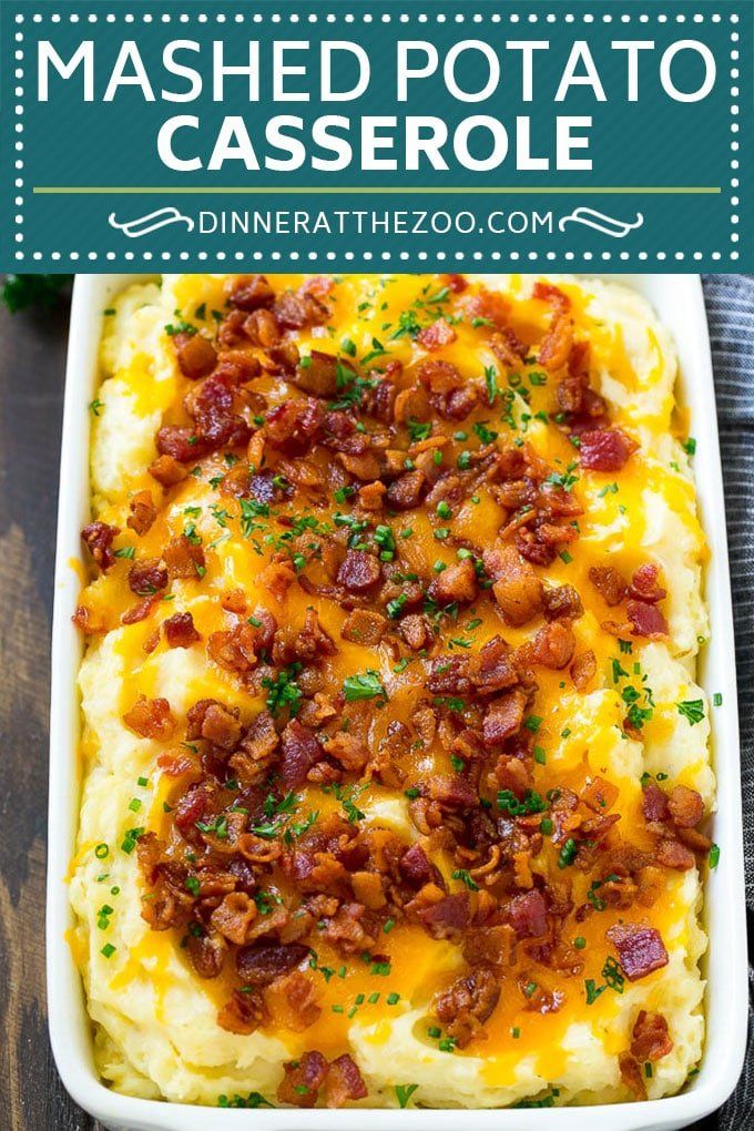 mashed potato casserole in a white dish with bacon and cheese on top