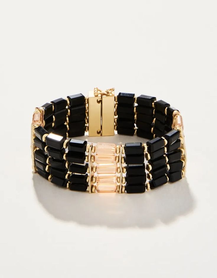 Our René Bracelet captures that timeless vintage look in a beautiful deep hue of black faceted glass and metal beads. Set in 18kt matte gold plating, you'll reach for this piece over and over again. DETAILS 18kt matte gold plated Magnetic closure with safety latch Length: 6.75'' Glass, metal, and leather beads Elegant Yellow Gold Bracelets With Black Beads, Elegant Yellow Gold Bracelet With Black Beads, Elegant Metal Bracelets With Black Beads, Elegant Metal Bracelet With Black Beads, Elegant Onyx Bracelets With Faceted Beads, Elegant Onyx Bracelet With Faceted Beads, Gold Onyx Bracelet For Formal Occasions, Black Jewelry With Jubilee Bracelet For Evening, Adjustable Jubilee Bracelet For Evening