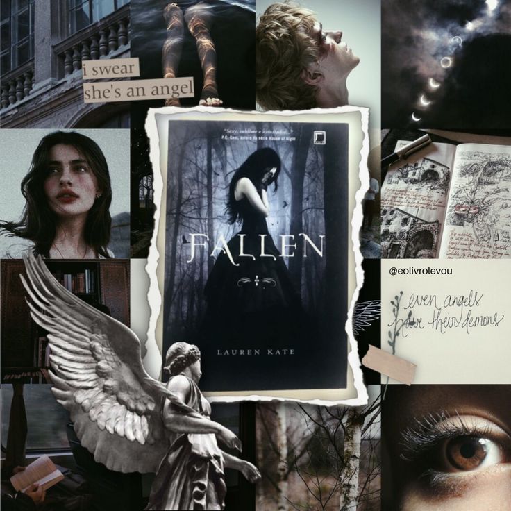 a collage of photos with an image of a woman and the words fallen on it