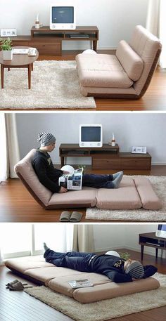 two pictures of a man laying on a couch in front of a computer desk and tv