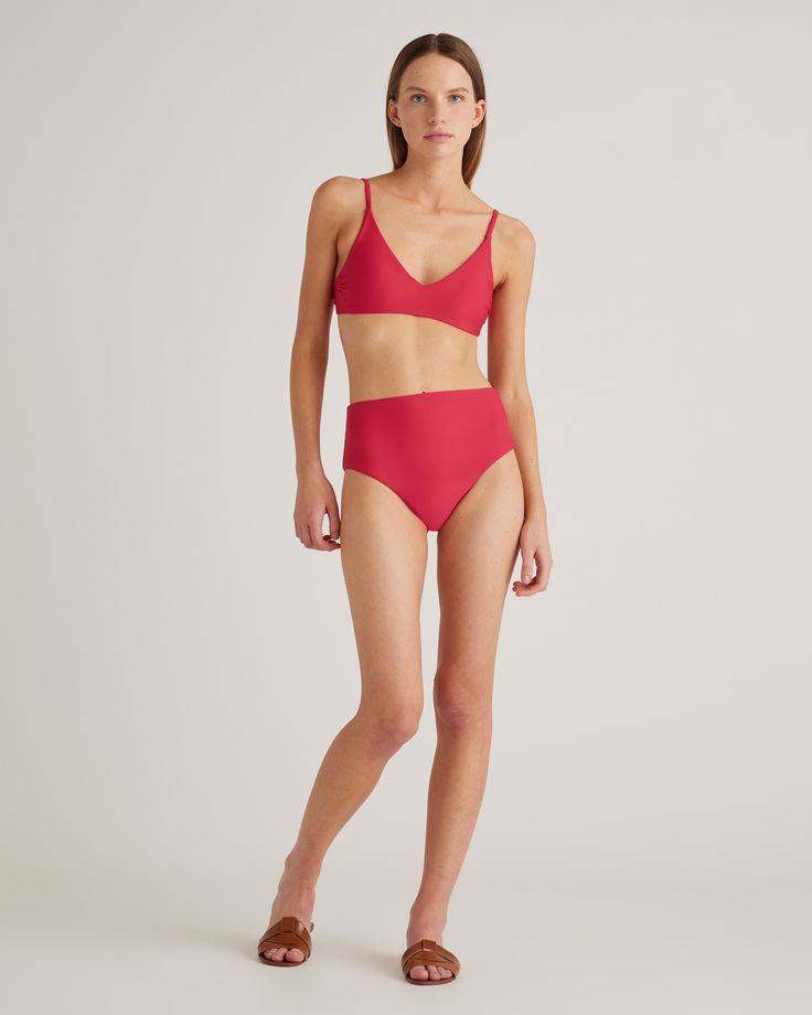 This bikini bottom is a triple threat: It was made to last, made with Italian-crafted fabric, and thoughtfully made with recycled materials. With a high-rise design, medium cut leg, and full lining, you'll get the moderate backside coverage and timeless style you're looking for. Resists fading, pilling, and snagging, so you'll be wearing it for years to come.  | Quince | Women's Italian High-Rise Bikini Bottom in Berry, Size Medium, 78% Recycled Polyamide, 22% Spandex Modern High Waist Swimwear For Summer, Summer Bra-friendly High-cut Leg Swimwear, Bra Friendly High-cut Leg Swimwear For Summer, Modern Solid Swimwear For Pool, Modern Solid Color Swimwear For Pool, Modern Fitted Beach Bottoms, Summer High-cut Leg Seamless Swimwear, Seamless High-cut Leg Swimwear For Summer, Modern Bra-friendly Swimwear For Beach