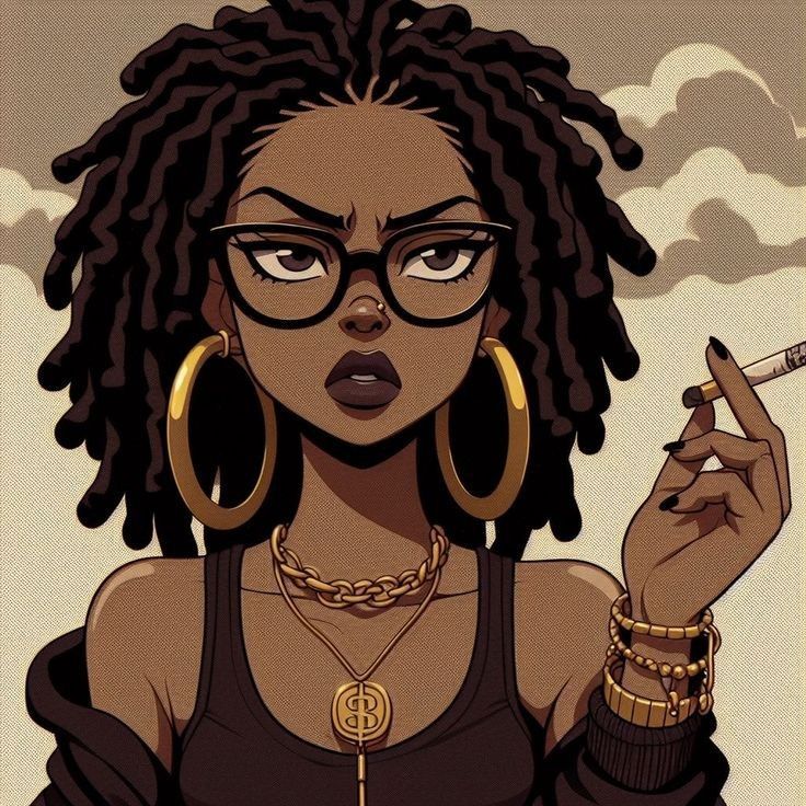 Pfp For Girl Black Locs Cartoon, Melanin Cartoon Black Art, Locs Cartoon Black Women, Boondocks Oc Female, Boondocks Pfp Girl, Black Anime Characters With Locs, Instagram Pfp Ideas Icon, Girl With Locs Drawing, Cartoon Characters With Locs