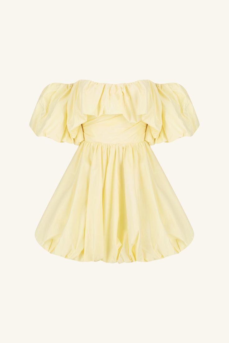 Maiori Off Shoulder Draped Bubble Mini Dress | Lemon | Dresses | Shona Joy – Shona Joy International Luxury Puff Sleeve Mini Dress, Luxury Spring Bubble Dress Mini Length, Luxury Ruffled Bubble Dress For Summer, Luxury Cream Mini Dress For Brunch, Luxury Spring Mini-length Bubble Dress, Luxury Ruched Off-shoulder Mini Dress, Luxury Off-shoulder Ruched Mini Dress, Luxury Balloon Sleeve Mini Dress For Summer, Luxury Billowy Puff Sleeve Dress With Balloon Sleeves