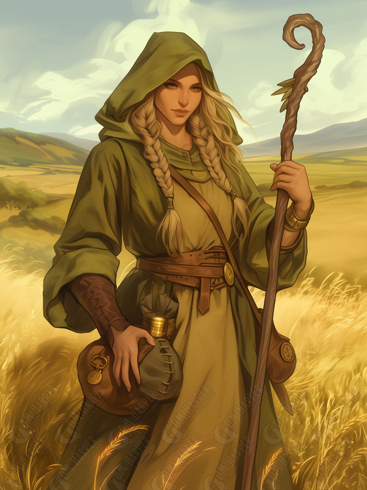 a painting of a woman holding a staff in a wheat field