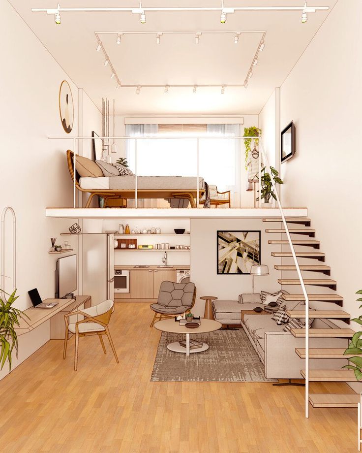 a living room filled with furniture next to a staircase leading up to a loft bed