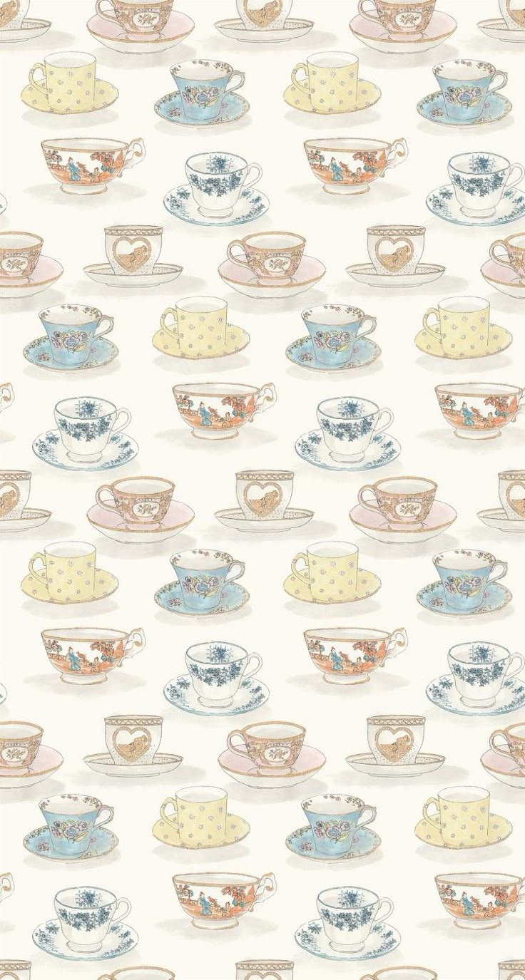 many cups and saucers are shown on a white background