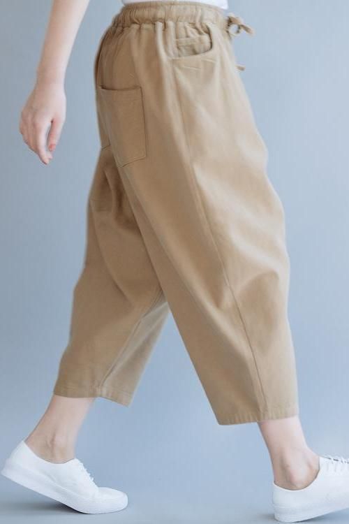 Loose Khaki Women Harem Cotton Summer Trousers K6055 Casual Stretch Capris In Solid Color, Beach Harem Pants Non-stretch Straight Leg, Solid Ankle-length Harem Pants For Beach, Summer Baggy Pull-on Bottoms, Beach Ankle Pants With Pockets, Beach Ankle-length Pants With Pockets, Summer Cotton Solid Color Capris, Summer Solid Color Cotton Capris, Non-stretch Capris With Pockets