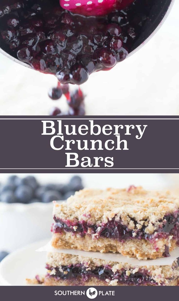 blueberry crunch bars stacked on top of each other with berries in the background and text overlay that reads, blueberry crunch bars