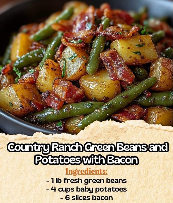 a bowl filled with green beans and potatoes next to a piece of parchment paper that says country ranch green beans and potatoes with bacon