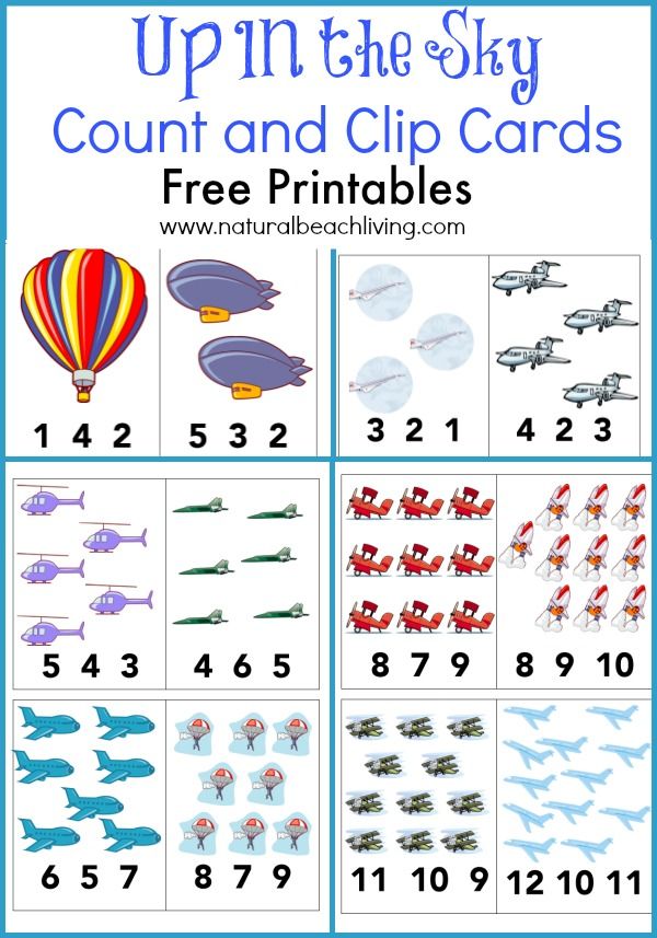 printable counting and clip cards for children to practice numbers 1 - 10, including hot air balloons