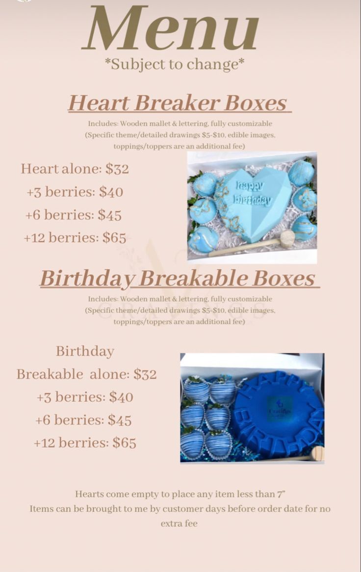 a menu for a birthday party with blue items