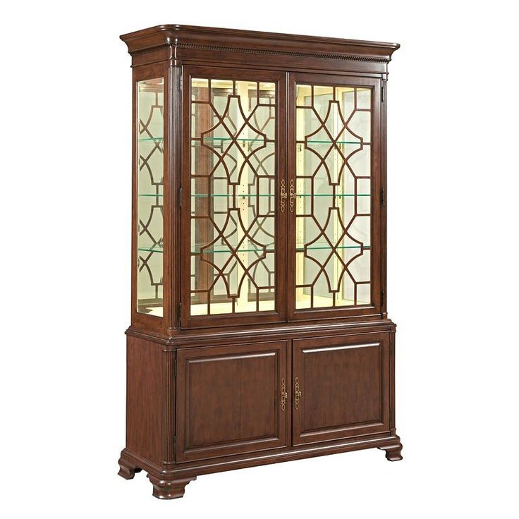 a wooden display cabinet with stained glass doors