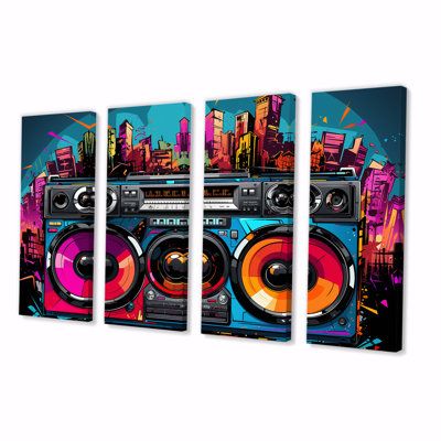 three canvases with an image of a boombox in the city