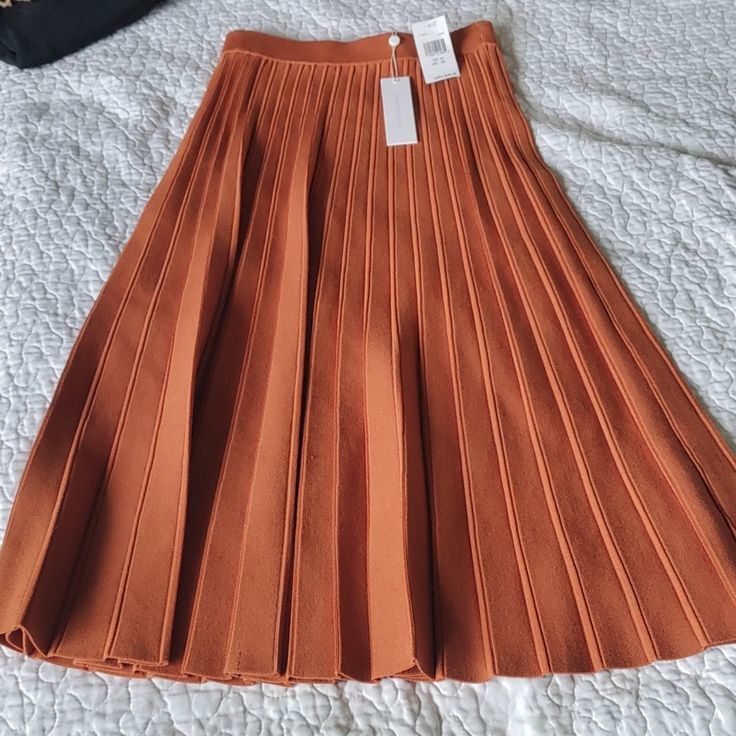 Pleated Knit Midi Skirt Is New With Tags. Waist: 12.5 - 15 In Length: 32 In Chic Stretch Orange Skirt, Orange Stretch Lined Skirt, Stretch Orange Lined Skirt, Fitted Orange Pleated Skirt, Fitted Orange Midi Skirt, Elegant Orange Skirt For Spring, Chic Orange Pleated Bottoms, Orange Long Skirt For Fall, Orange Flowy Skirt For Fall