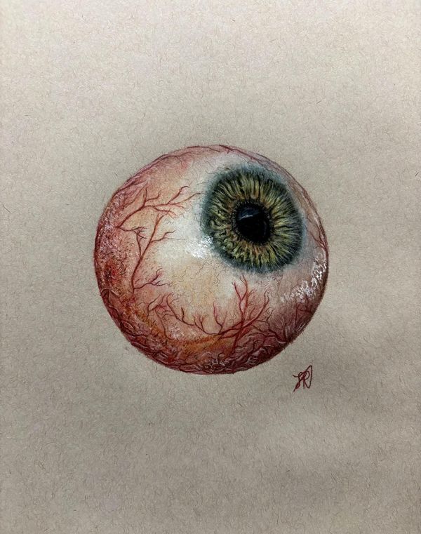 a drawing of an eye with red and green iris