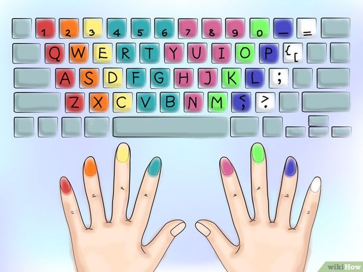 two hands with different colored nail polishes are next to a keyboard that has letters and numbers on it