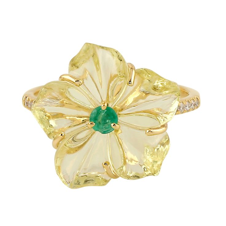 This Ring is handmade in 14k Yellow Gold :1.893 grams Diamond :0.11 cts  ,Mix Stone : 7.36 cts ,Emerald :0.16 cts Ring Length- US-7 This jewelry is made by hand featuring detailed workmanship. Be careful to avoid dropping or banging as physical impacts can result in damage to the pieces including stones falling off. To care for your jewelry, take caution to keep away from harsh chemicals, Perfume, and Water. You may wipe with a clean polishing cloth to maintain a beautiful shine. Keep in mind that extensive exposure to saltwater, sunlight or harsh chemicals can permanently damage your handmade jewelry. When not in use, keep your jewelry in its box to protect it from dust and other debris. Yellow Gold Flower Ring With Gemstone, Luxury Yellow Gold Flower Ring With Gemstone, Exquisite Flower Shaped Gemstone Rings, Fine Jewelry With Green Flower-shaped Gemstones, Fine Jewelry In Green With Flower Shape, Fine Jewelry In Flower Shape And Green Color, Fine Green Jewelry In Flower Shape, Green Flower-shaped Fine Jewelry, Fine Jewelry Flower Ring With May Birthstone Gemstone